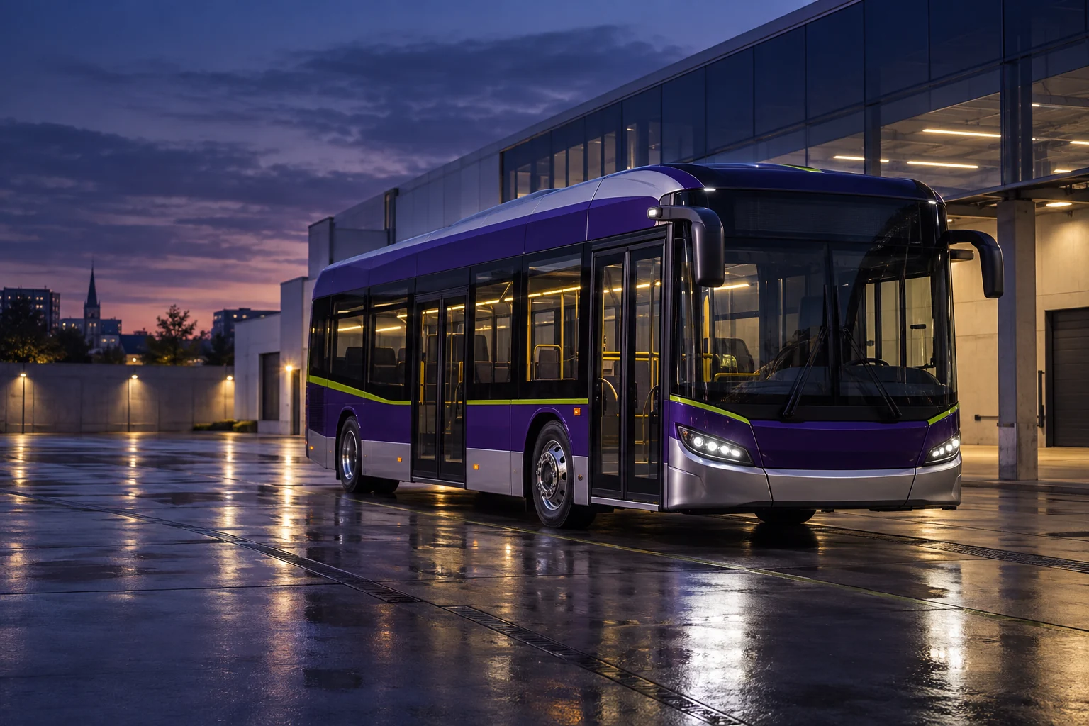 Nowoczesny autobus miejski przed zajezdnią o zmierzchu
